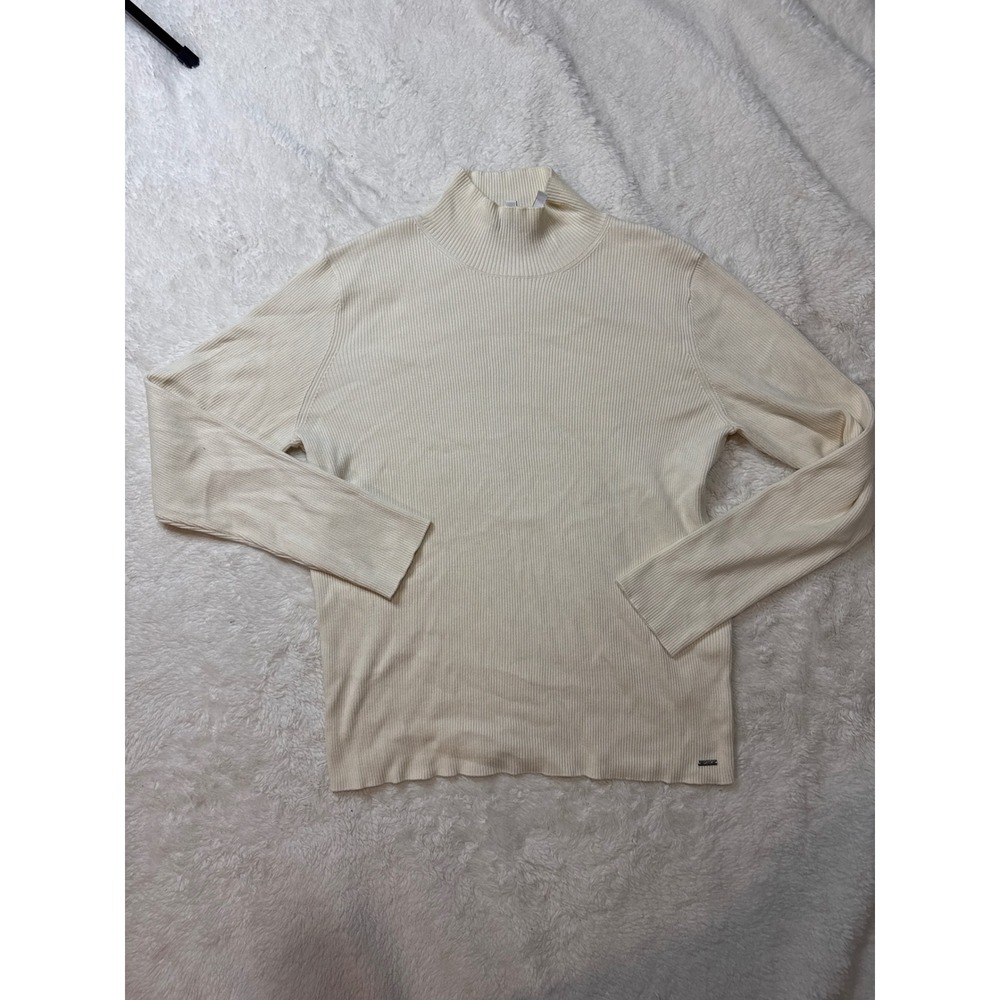 DKNY Turtleneck Sweater Womens M Cream Excellent Ribbed Knit Mock Neck Top